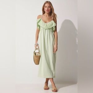 Zara Coquette Girl Cottage Core Fairy Eyelet Mint Maxi Dress size S